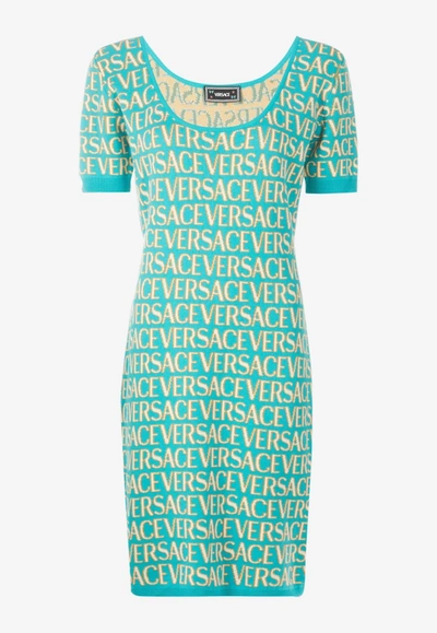 Versace All-over Logo Jacquard Knit Dress In Multicolor