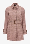 Versace Belted Leather-trimmed Canvas-jacquard Trench Coat In Pink