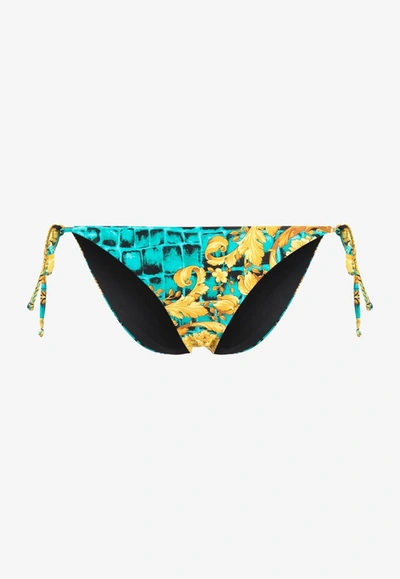 Versace Women's Vita Baroccodile Print String Bikini Bottom In Glacier Green Black Gold