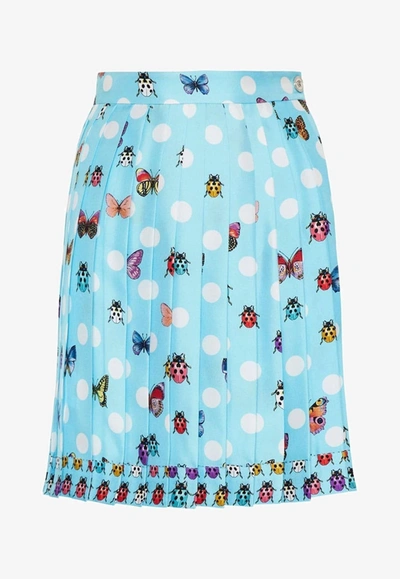 Versace Butterflies Polka Dot Pleated Skirt In Blue