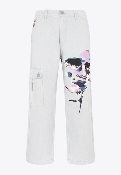 KIDSUPER FACE-EMBROIDERED CARGO JEANS
