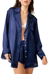 Free People Like Honey Long-sleeve Satin Pajama Shirt In Navy Coat