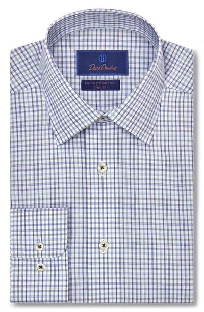 David Donahue Trim Fit Luxury Check Non-iron Poplin Dress Shirt In Blue/dune