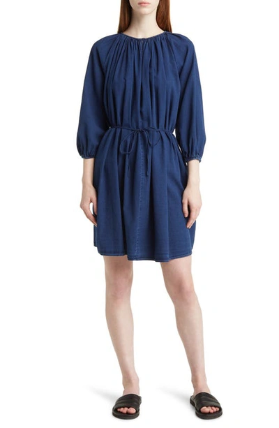 Closed Gathered Belted Denim Dress In Blue