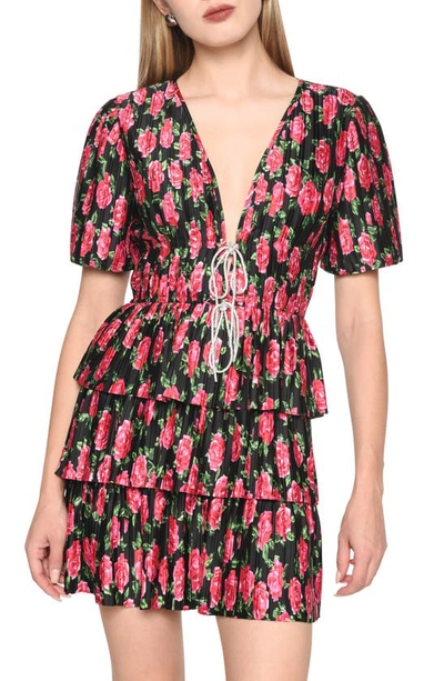 Wayf Pleated Tiered Dress In Red Roses | ModeSens