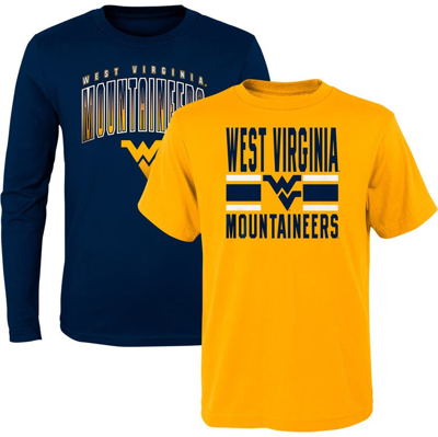 Outerstuff Kids' Preschool Navy/gold West Virginia Mountaineers Fan Wave Short & Long Sleeve T-shirt Combo Pack