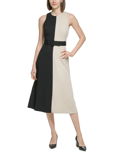 Calvin Klein Womens Belted Colorblock Midi Dress In Beige