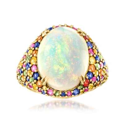 Ross-simons Ethiopian Opal And Multicolored Sapphire Ring In 14kt Yellow Gold In Blue