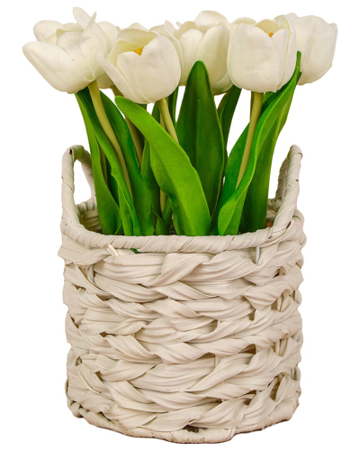 National Tree Company 10in White Tulip Bouquet In White Basket