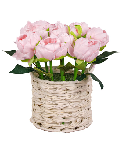 National Tree Company 10in Light Pink Peony Flower Bouquet In White Basket