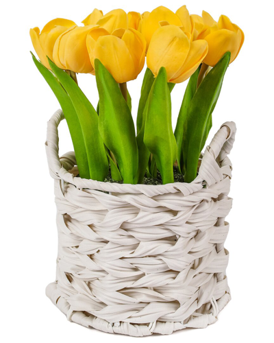 National Tree Company 10in Yellow Tulip Bouquet In White Basket