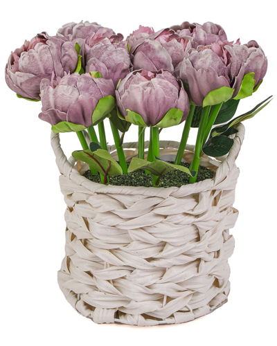 National Tree Company 10in Light Purple Peony Flower Bouquet In White Basket