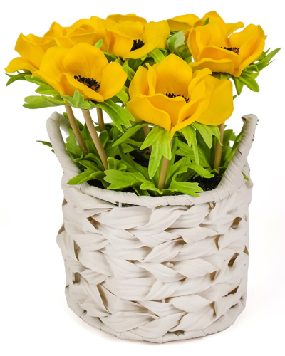 National Tree Company 10in Yellow Anemone Flower Bouquet In White Basket