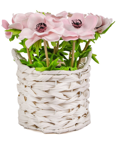 National Tree Company 10in White Anemone Flower Bouquet In White Basket In Pink