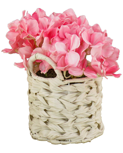 National Tree Company Coral Hydrangea Bouquet In White Basket In Pink
