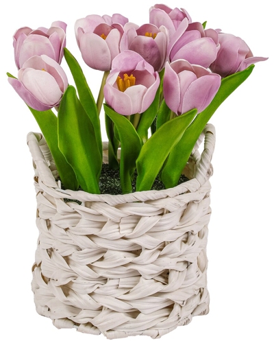National Tree Company 10in Mauve Tulip Bouquet In White Basket