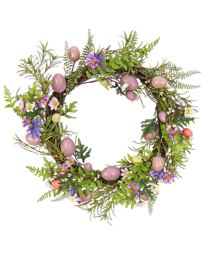 National Tree Company 22in Pink Eggs Flowers And Ferns Wreath In Purple