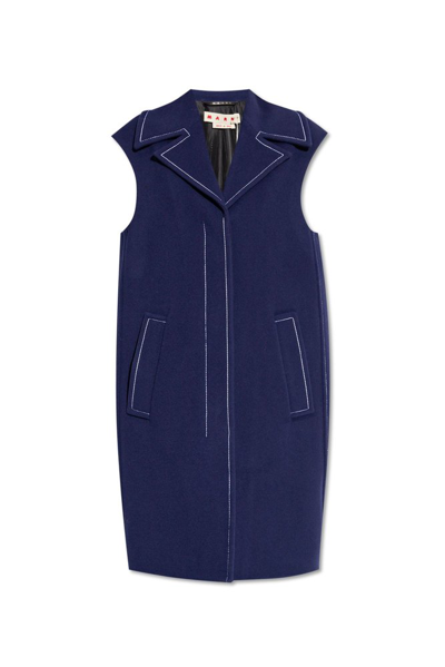 Marni Collared Stitch Detailed Long Vest In Blue