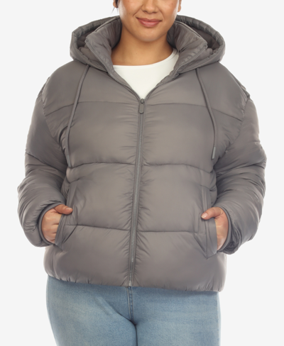 White Mark Plus Size Hooded Bomber Puffer Coat In Gray