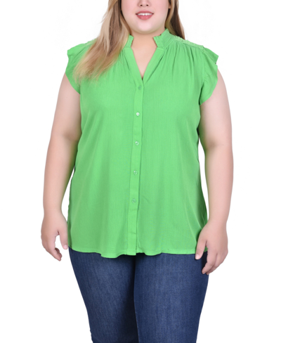 Ny Collection Plus Size Short Flutter Sleeve Crepon Blouse In Green