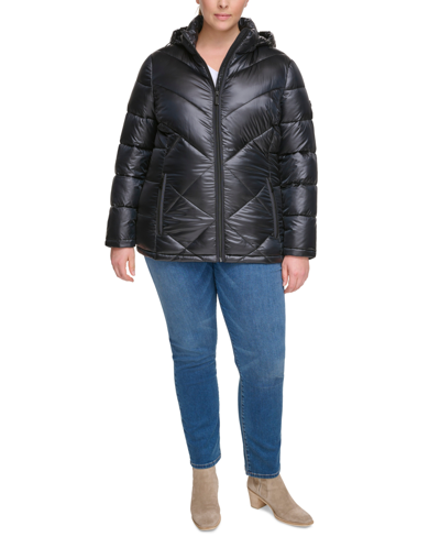 Calvin Klein Plus Size Shine Hooded Packable Puffer Coat, Created For Macy's In Pearlized Black
