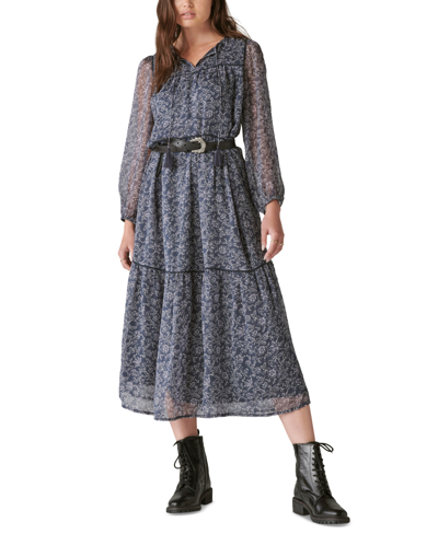 Lucky Brand Women's Floral-print Split-neck Maxi Dress In Indigo Multi