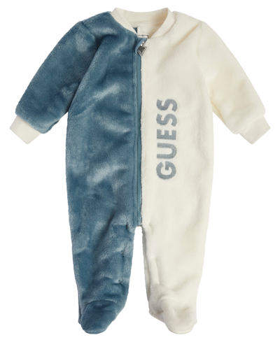 Guess Baby Boys Faux Fur Color Block Full Zip Up Footed One Piece Set In Blue