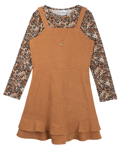 Rare Editions Kids' Big Girls Corduroy Jumper Dress With Top And Necklace, 3-piece Set In Tan