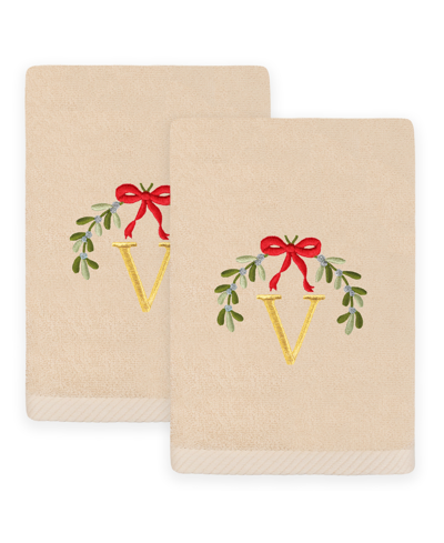 Linum Home Christmas Mistletoe Monogram Beige Embroidered Luxury Turkish Cotton Hand Towels, 2 Piece Set In Tan,beige