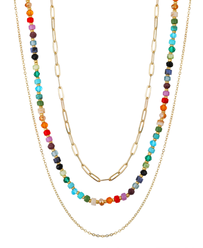 Unwritten Multi Color Crystal Acrylic Bead Layered 3 Piece Necklace Set In Gold