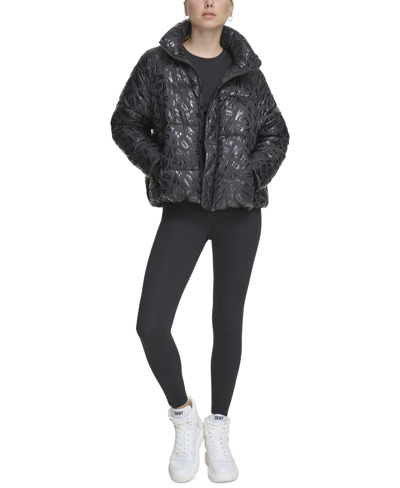 Dkny Sport Women's Boxy High-low Puffer Jacket In Black Jumbled Logo