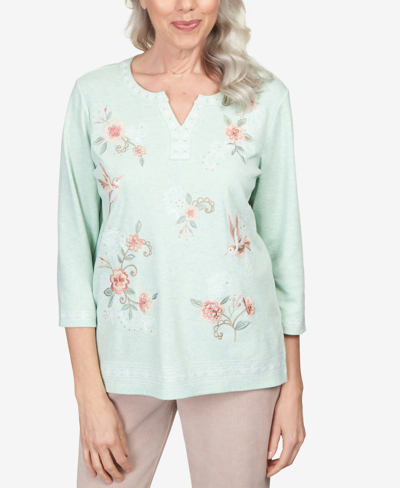 Alfred Dunner Plus Size St.moritz Floral Hummingbird Embroidery Split Neck Top In Sage