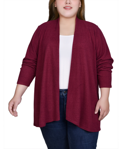 Ny Collection Plus Size Long Sleeve Swing Cardigan Sweater In Burgundy