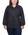 Ny Collection Plus Size Long Dolman Sleeve Drawstring-waist Tunic Top In Dark Charcoal