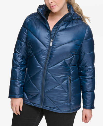 Calvin Klein Plus Size Shine Hooded Packable Puffer Coat, Created For Macy's In Shine Slate Blue