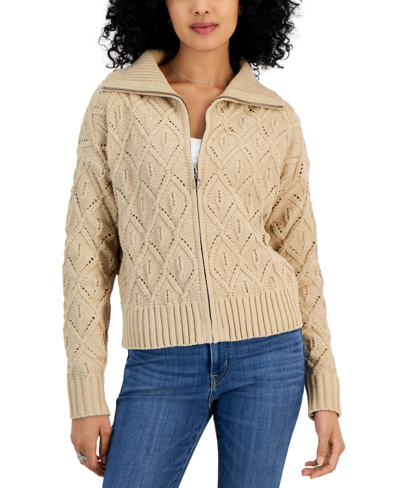 Crave Fame Juniors' Cable-knit Zip-up Sweater In Sesame