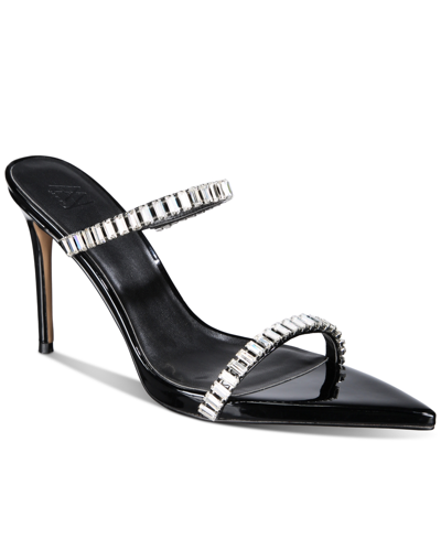 Aaj By Aminah Laila Rhinestone Slip-on Dress Sandals In Black Patent