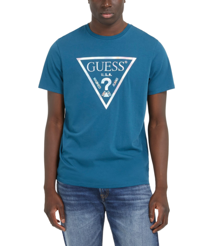 Guess Men's Iridescent Foil Logo-print Crewneck T-shirt In Bold Teal