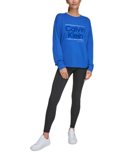 Calvin Klein Performance Women's Metallic Logo Crewneck Long-sleeve Cotton T-shirt In Mazarine Blue