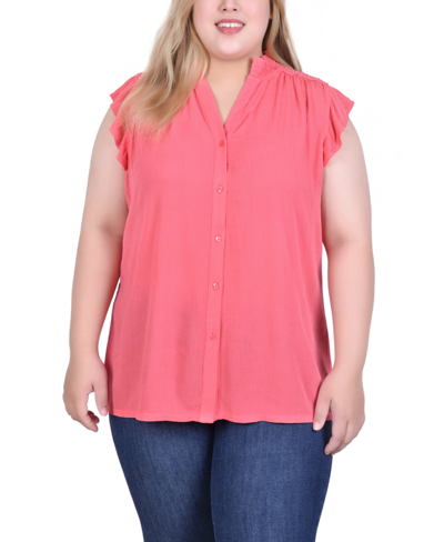 Ny Collection Plus Size Short Flutter Sleeve Crepon Blouse In Calypso Coral