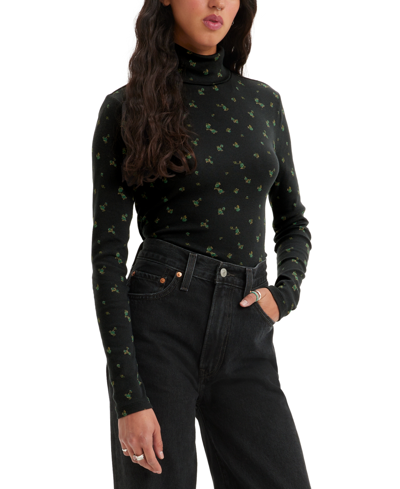 Levi's Women's Moon Ribbed Knit Stretchy Turtleneck Top In Shayla Floral Caviar