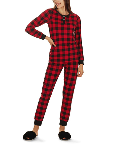 Memoi Women's Buffalo Plaid Long Sleeve Tapered Bottom 2 Piece Pajama Set In Black,red