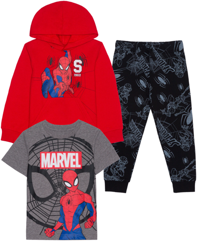 Hybrid Kids' Little Boys Spiderman Hoodie, T-shirt And Joggers, 3 Piece Set In Red