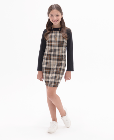 Rare Editions Kids' Big Girls Plaid Jumper Dress With Top And Neckace, 3-piece Set In Black