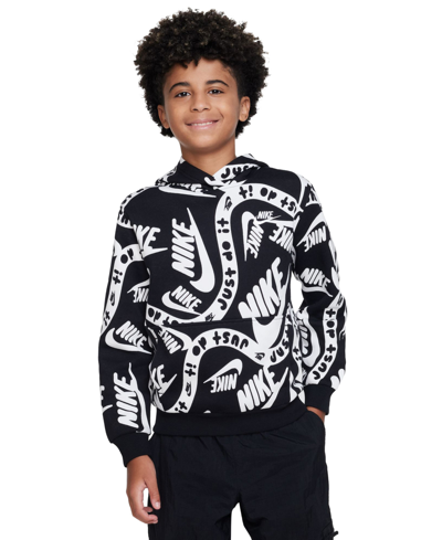 Nike Sportswear Club Fleece Big Kids' Printed Pullover Hoodie In Black