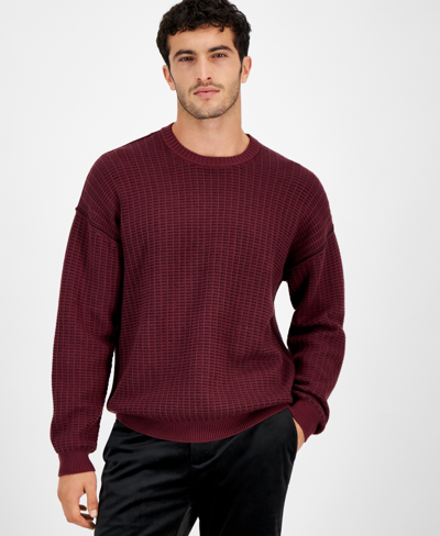 Guess Men's Two Tone Crewneck Long Sleeve Waffle Knit Sweater In Jet Black,red Noir Multi
