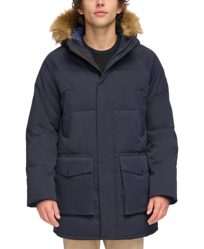 Tommy Hilfiger Men's Long Quilted Parka With Removable Faux-fur Trim In Navy
