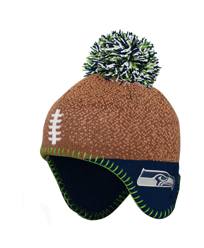 Outerstuff Babies' Preschool Boys And Girls Brown, College Navy Seattle Seahawks Football Head Knit Hat With Pom In Brown,college Navy