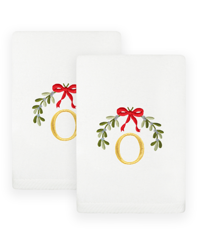 Linum Home Christmas Mistletoe Monogram White Embroidered Luxury Turkish Cotton Hand Towels, 2 Piece Set