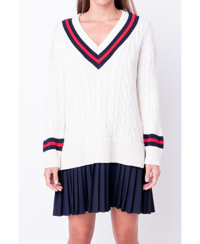 English Factory Cable Knit Pleated Sweater Dress Ivory Multi S